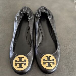 Tory Burch Black Leather Flats with Gold Logo